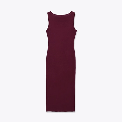 Ärmelloses Strick Midikleid Gerippter Rundhals Ausschnitt Metallschließe Detail Einfarbig Eng Anliegend Elegant Damen