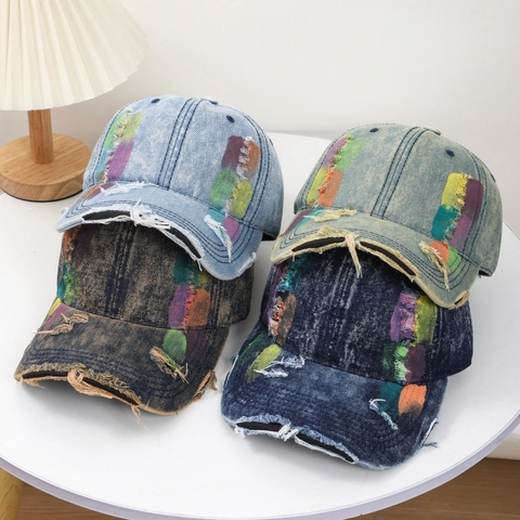 Berretto Da Baseball In Denim Distressed Cotone Lavato Con Patchwork Stile Streetwear Cappello Regolabile