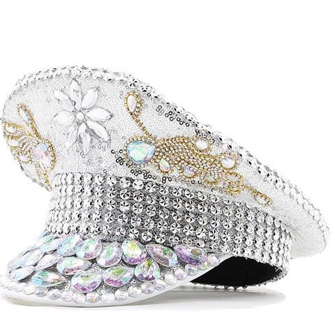 Sombrero De Capitán De Lujo Con Lentejuelas Plateadas Y Cristales AB Gorra Militar Brillante Para Fiesta