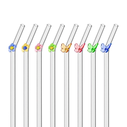 Pajitas De Vidrio Reutilizables Resistentes Al Calor Vidrio De Borosilicato Con Decoraciones Coloridas Mariposa Flor Café