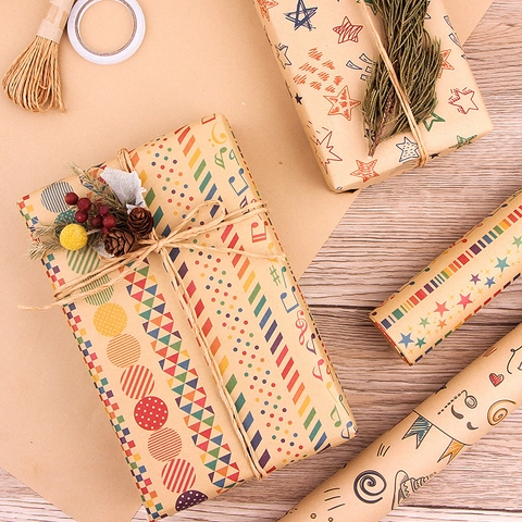 Kraft Gift Wrapping Paper Rolls Vintage Printed Patterns For Birthday Holiday DIY Crafts With Jute Twine And Stickers