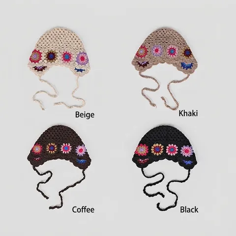 Bonnet Crochet Fait Main Motif Floral Ajouré Rétro Bohème Tricoté Avec Liens Style Vintage Pour Femmes