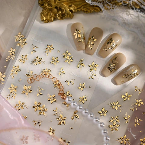 Autocollants Pour Ongles Relief 3D Bronzage Or Motif Fleur Feuille Rétro Style Chinois Exquis Décalcomanies Manucure DIY