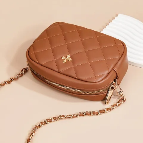 Borsa A Tracolla Trapuntata Donna Pelle PU Motivo Rombi Decoro Croce Metallo Borsa Catena Piccola Borsa Quadrata Stile Fotocamera