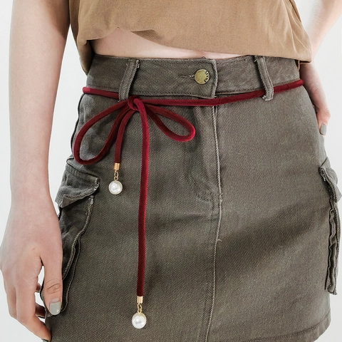 Women Velvet Bow Waist Chain Thin Belt With Artificial Pearl Pendants Decorative Knot Tie Rope For Dresses Fashion Jewelry