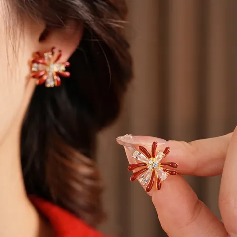 Flower Stud Earrings Copper With Zircon Red Enamel And Silver Earring Post Elegant Jewelry For Women