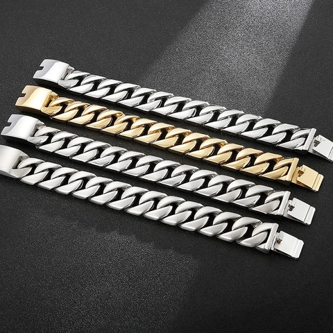 Bracciale Catena Cubana 316L Acciaio Inossidabile Lucido Catena Larga Pesante Per Uomo Hip Hop Street Punk Style Chiusura Quadrata