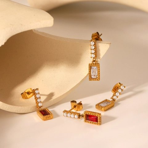 Vintage Drop Earrings Stainless Steel Zircon Artificial Pearl 18K Gold Plated Elegant Jewelry For Women