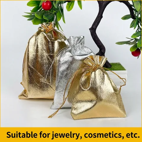 Metallic Drawstring Jewelry Packaging Bags Gold Silver Shiny Fabric Pouches For Gift Small Item Storage Organizer