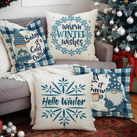 Funda De Almohada De Navidad Lino Cuadros Azules Gnomo Copo De Nieve Decoración De Invierno Para Sofá