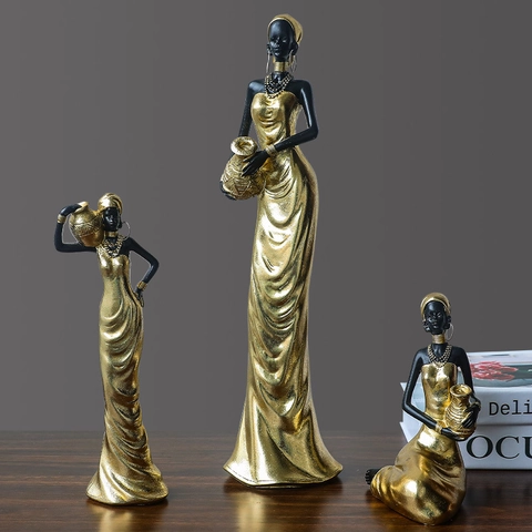 Afrikanische Frauen Figuren Harz Statuen Schwarze Haut Gold Kleid Stamm Stil Handgefertigte Exotische Ornamente Dekorative Schale