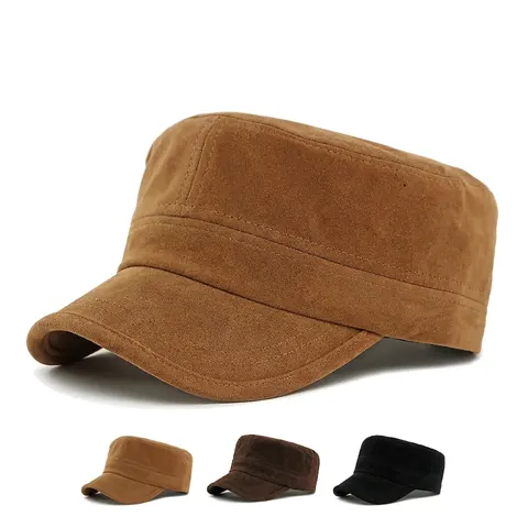 Casquette Cadet Daim Synthétique Militaire Chapeau Plat Réglable Couleur Unie Chaud Automne Hiver Extérieur Pour Hommes Femmes
