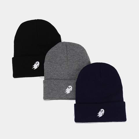 Ghost Embroidery Knit Beanie Hat Soft Acrylic Cuffed Winter Warm Halloween Streetwear Casual Headwear