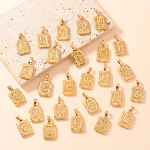 Stainless Steel Alphabet Initial Pendant Retro Gold Plated Square Letter Charm DIY Jewelry Accessory For Women Men