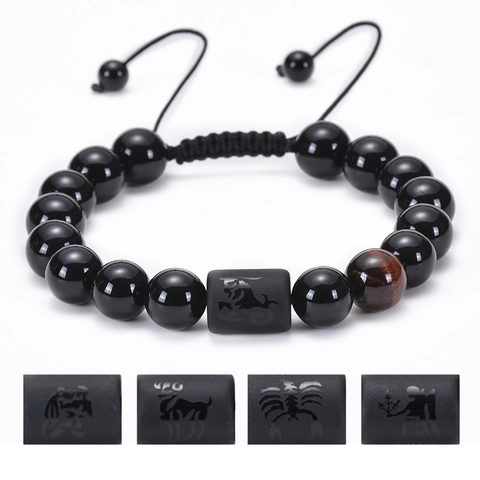 Zodiac Constellation Beaded Bracelet Natural Black Agate Tiger Eye Stone Adjustable Braided Rope Fashion Jewelry Unisex
