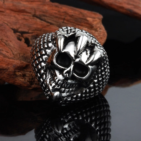 Retro Edelstahl Totenkopf Ring Herren Drachenkralle Geschnitzt Biker Punk Gothic Rock Hip Hop Schmuck