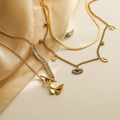 Titanium Steel Gold Plated Double Layer Evil Eye Star Butterfly Pendant Necklace With Baguette Zircon Toggle Clasp For Women