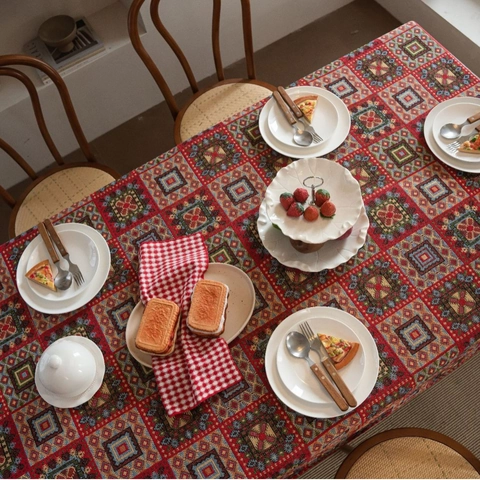 Tovaglia Jacquard Motivo Geometrico Boemo Etnico Bordo Ricamato Festonato Rettangolare Lavabile Decorazione