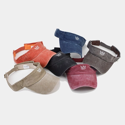 Sun Visor Hat Washed Cotton Breathable Outdoor Sports Distressed Vintage Embroidery Crown Adjustable For Men And Women
