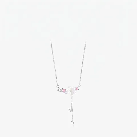 Cherry Blossom Flower Pendant Necklace 925 Sterling Silver White Mother Of Artificial Pearl Pink Zirconia Tassel Heart Charm Elegant