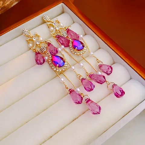 Long Tassel Dangle Earrings Pink Crystal Rhinestone Artificial Pearl Alloy With Silver Earring Post Vintage Luxury Women
