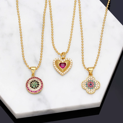 Collana In Rame Placcato Oro Cuore Malocchio Quadrifoglio Zircone Colorato Micro-Incastro Gioielli Moda Boho Per Donne
