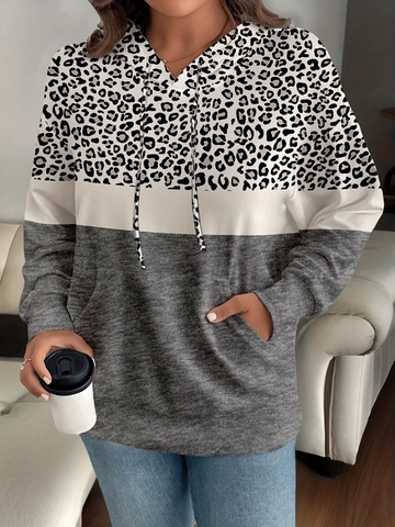 Women Leopard Print Color Block Hoodie Long Sleeve Pullover Sweatshirt With Kangaroo Pocket Casual Polyester Spandex Top