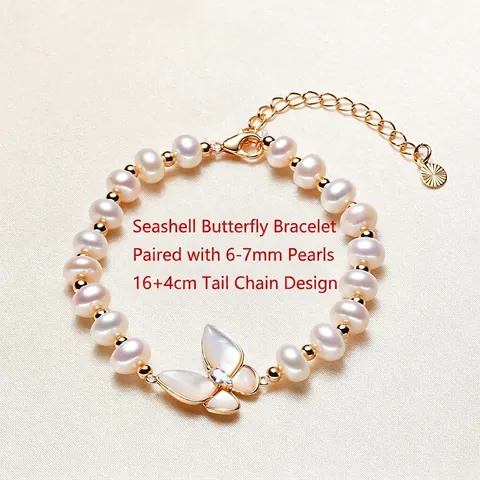 Butterfly Charm Freshwater Pearl Bracelet Mother Of Pearl Inlaid Cubic Zirconia Copper Alloy Gold Plated Adjustable Jewelry