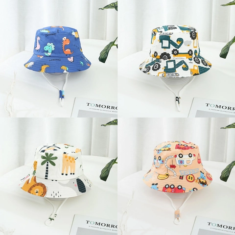 Kids Cartoon Printed Cotton Bucket Hat With Adjustable Chin Strap Summer Outdoor Sun Protection Breathable For Boys Girls