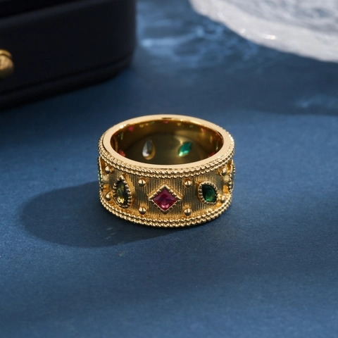 Vintage Court Style Wide Band Ring Gold Plated Copper Colorful Zircon Cubic Zirconia Textured Brushed Jewelry For Women