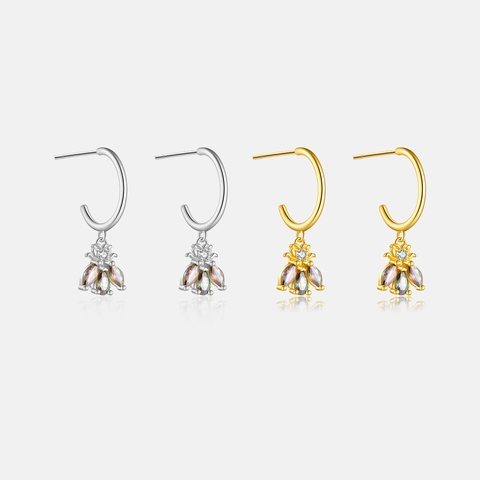 925 Sterling Silver Bee Hoop Earrings For Women Multi-color Rhinestone Insect Animal Pendant Light Luxury Fashion Jewelry