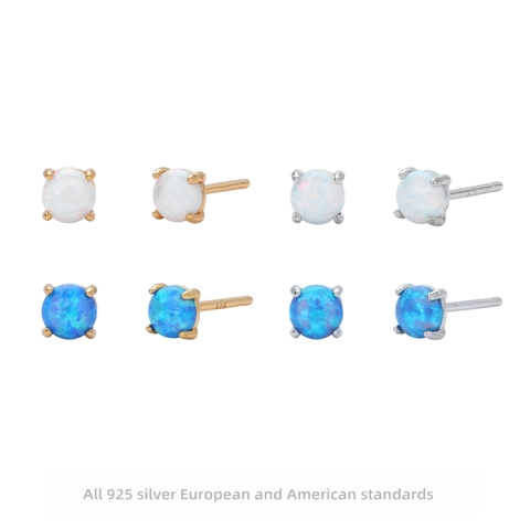 925 Sterling Silver Opal Stud Earrings For Women Minimalist Round Zirconia Inlaid Gold Silver Plated Jewelry Gift White Blue