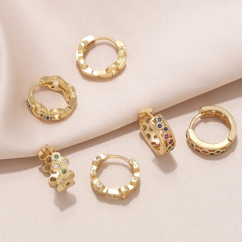 Colorful Zircon Huggie Hoop Earrings Gold Plated Copper Honeycomb Chain Link Geometric Jewelry For Women