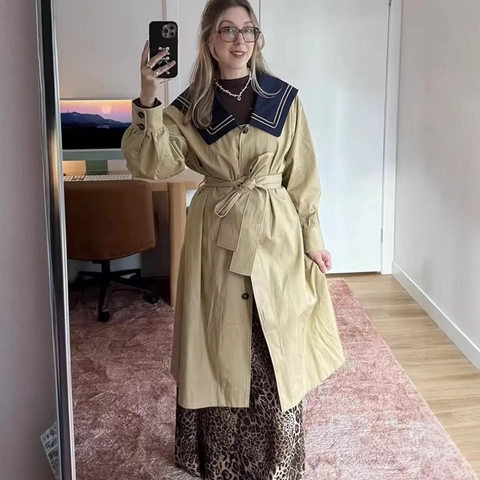 Dames Lange Trenchcoat Marineblauw Contrast Matrozenkraag Taille Kaki Casual Chique Elegante Franse Stijl