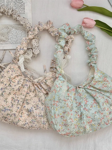Borsa A Spalla Da Donna Con Stampa Floreale Tracolla Arricciata Fiocco In Pizzo Borsa Sottobraccio Tote In Tessuto