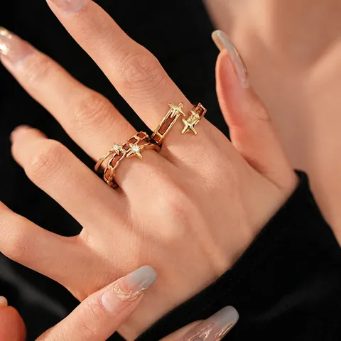 Adjustable Starburst Ring Copper Leather Star Open Vintage Minimalist Fashion Jewelry For Women Zircon Charm Accessory