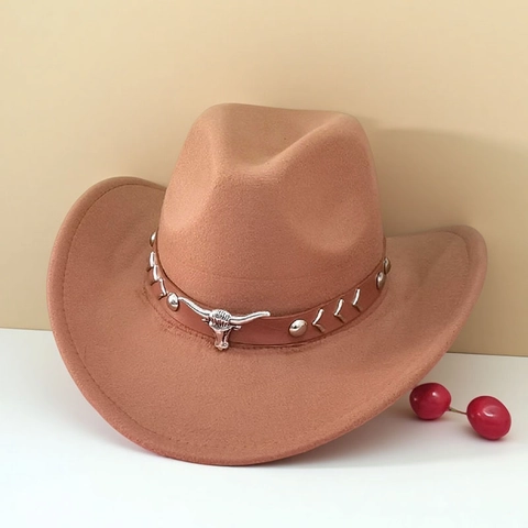 Western Cowboy Hat For Men Women Polyester Felt Fedora Hat With Metal Bull Head Leather Belt Rivet Retro Jazz Party Hat