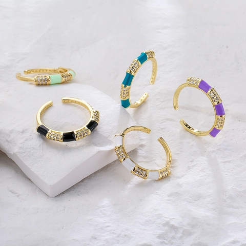 Böhmischer Geometrischer Offener Ring Kupfer 18K Vergoldet Zirkon Emaille Bunte Bambusform Verstellbarer Schmuck Damen