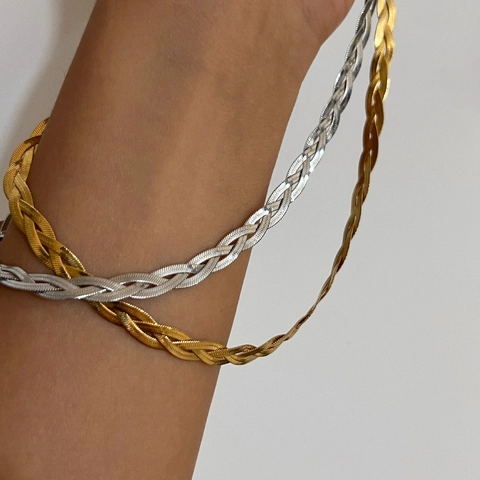 Collana Minimalista Intrecciata A Lisca Di Pesce Piatta Acciaio Inossidabile Triplo Strato Catena A Serpente Donne