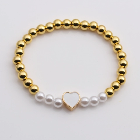 Bracciale Elastico Con Perline In Rame Placcato Oro Con Pendente A Cuore E Perla Artificial Sintetica Per Donne