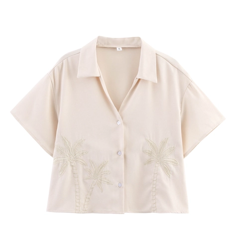 Dames Blouse Korte Mouw V Hals Borduurwerk Kokosnoot Boom Vakantie Stijl Shirt Voor Dame Abrikoos Polyester