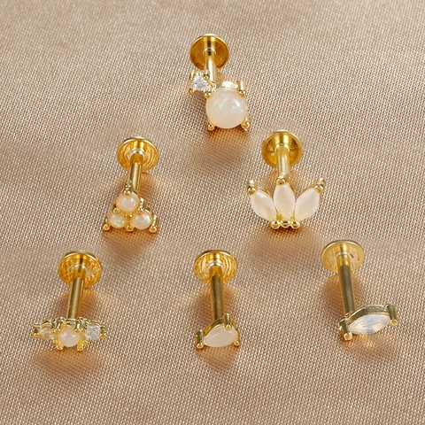 Labret Stud Piercing Jewelry Copper With 925 Sterling Silver Earring Post Opal Zircon Flat Back Geometric Ear Bone Nail Women Men