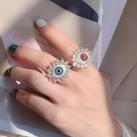 Evil Eye Open Ring Copper Cubic Zirconia Resin Boho Statement Adjustable Jewelry Gift For Women