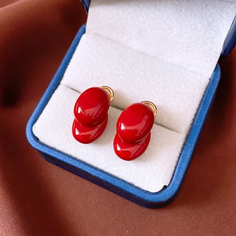 Vintage Red Oval Stud Earrings 18K Gold Plated Copper Enamel With Silver Earring Post Retro Light Luxury Jewelry For Women