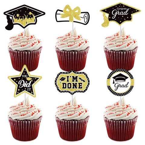 Graduation Cupcake Toppers Glitter Cardboard Black Gold Cake Picks For Celebration Ceremony Congrats Grad Graduation Decor