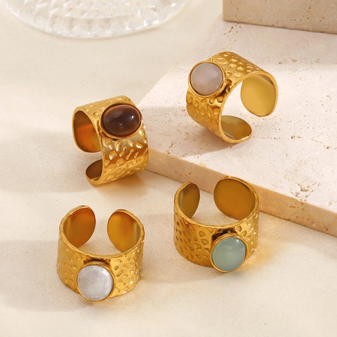 Gehämmert Edelstahl Offener Ring Damen Vintage Ovaler Edelstein Inlay Geometrisch Verstellbar Vergoldet Boho Schmuck