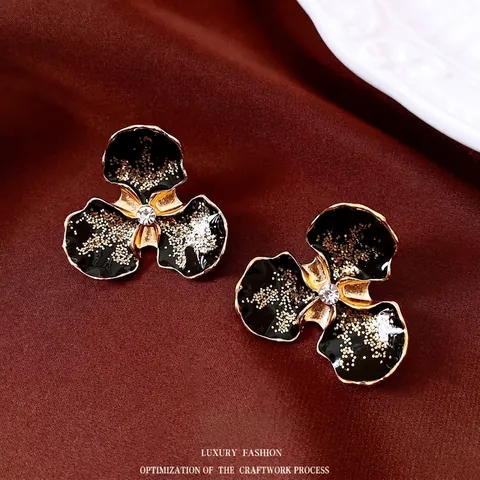 Pendientes De Botón De Flor Vintage Aleación Esmalte Negro Estrás Con Poste De Plata Estilo Palacio Retro Mujer