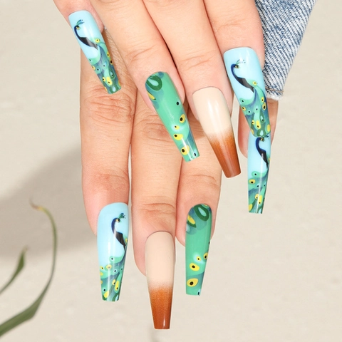 Press On Nails Long Coffin Peacock Feather Pattern Gradient Blue Green Glossy Full Cover False Nails For Women
