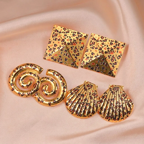 Pendientes De Acero Inoxidable Con Estampado De Leopardo Vintage Chapado En Oro Geométrico Concha Espiral Cuadrado Para Mujer