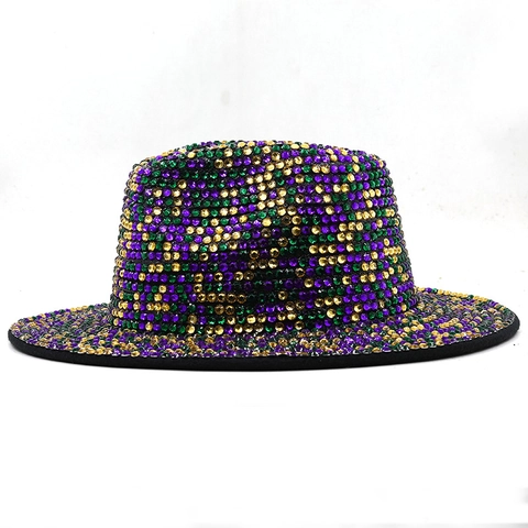 Rhinestone Fedora Hat Sparkly Bling Jazz Hat Wide Brim Glitter Carnival Party Panama Cap For Women Men Shiny Accessory